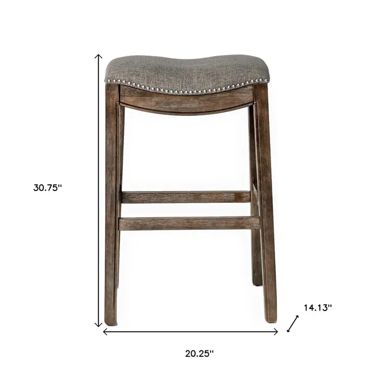 31" Gray and Brown Fabric and Solid Wood Backless Bar Height Bar Chair