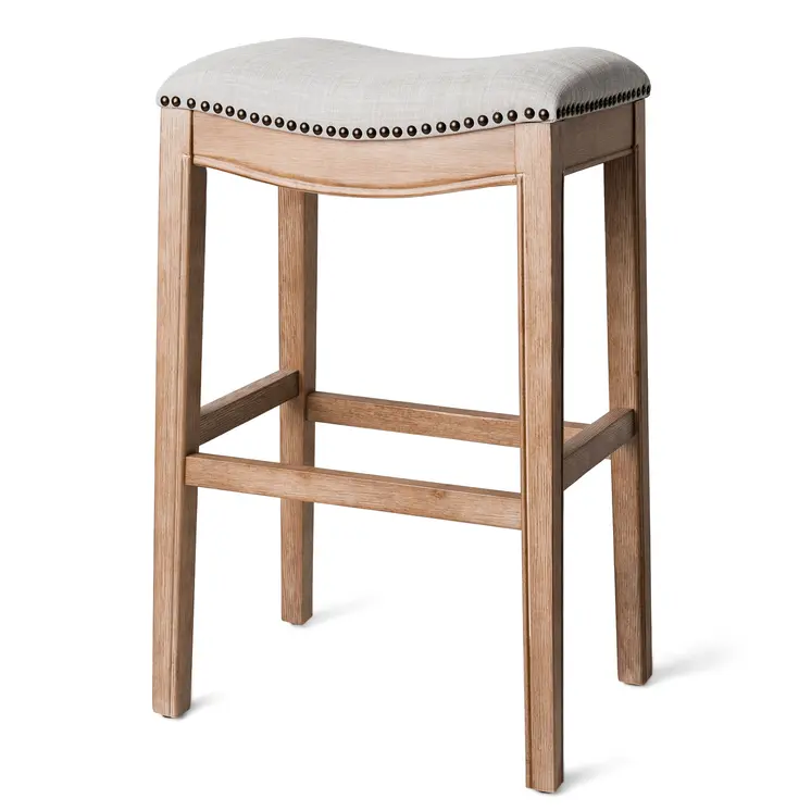 31" Beige and Natural Fabric and Solid Wood Backless Bar Height Bar Chair