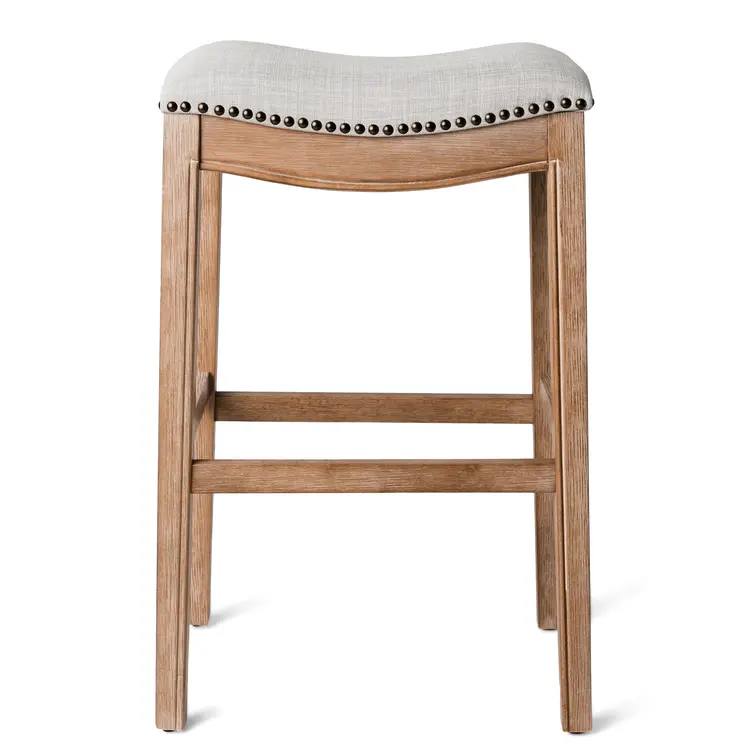 31" Beige and Natural Fabric and Solid Wood Backless Bar Height Bar Chair