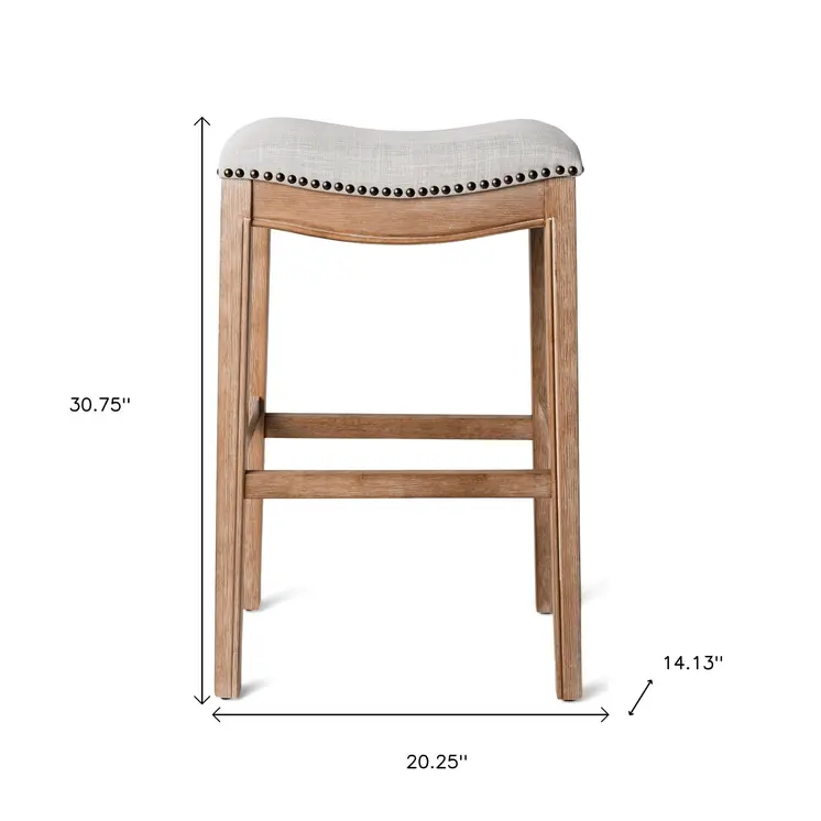 31" Beige and Natural Fabric and Solid Wood Backless Bar Height Bar Chair