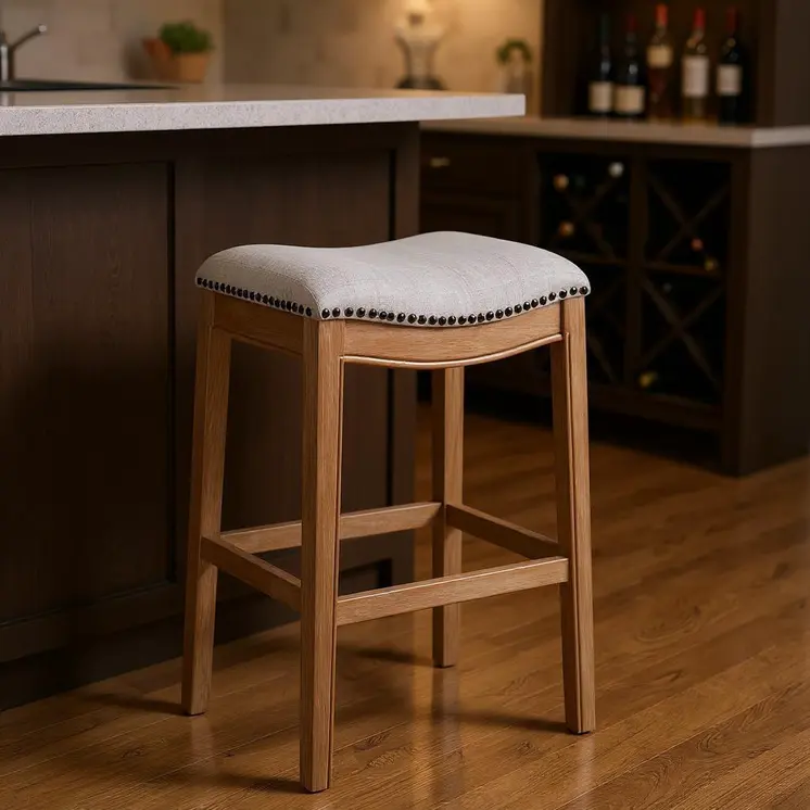 31" Beige and Natural Fabric and Solid Wood Backless Bar Height Bar Chair