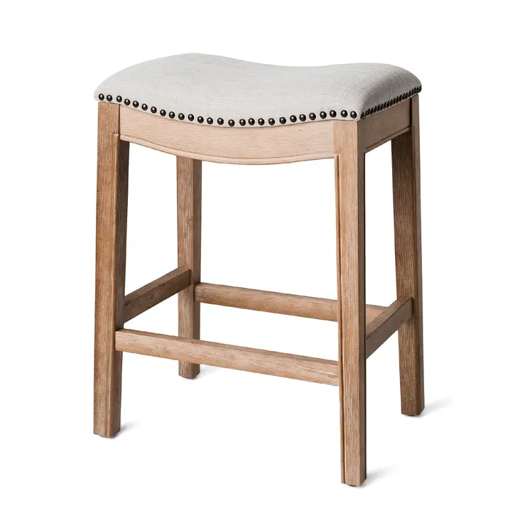 26" Beige and Natural Fabric and Solid Wood Backless Counter Height Bar Chair