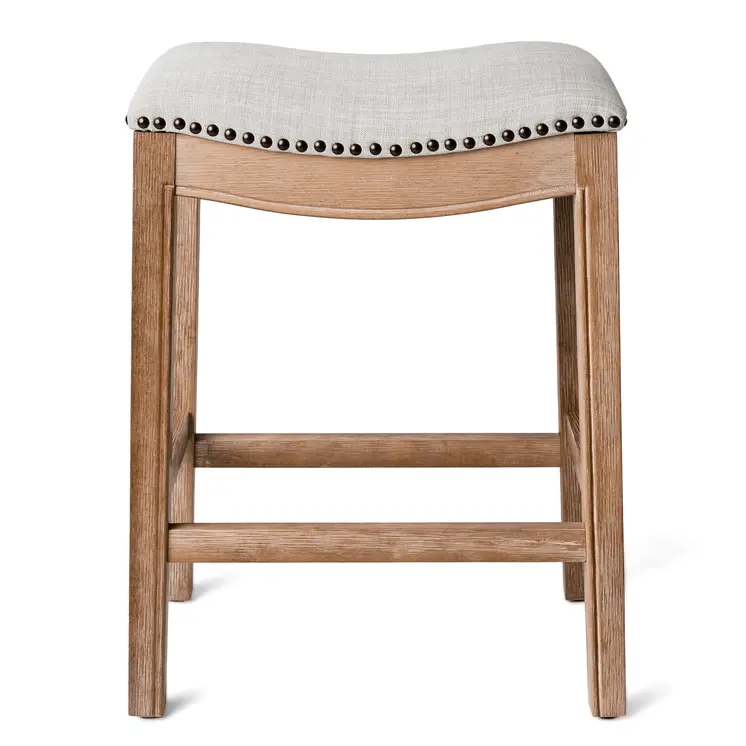 26" Beige and Natural Fabric and Solid Wood Backless Counter Height Bar Chair
