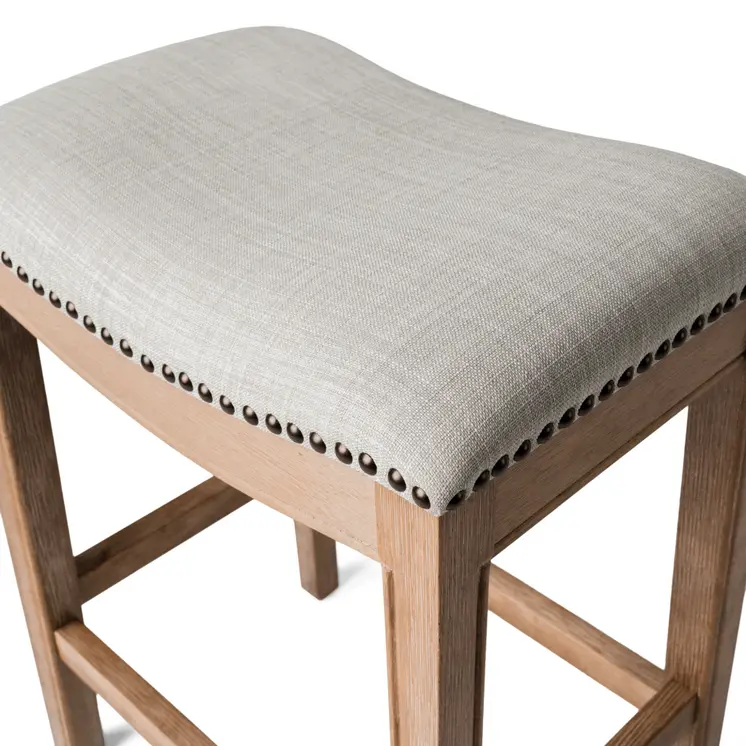 26" Beige and Natural Fabric and Solid Wood Backless Counter Height Bar Chair