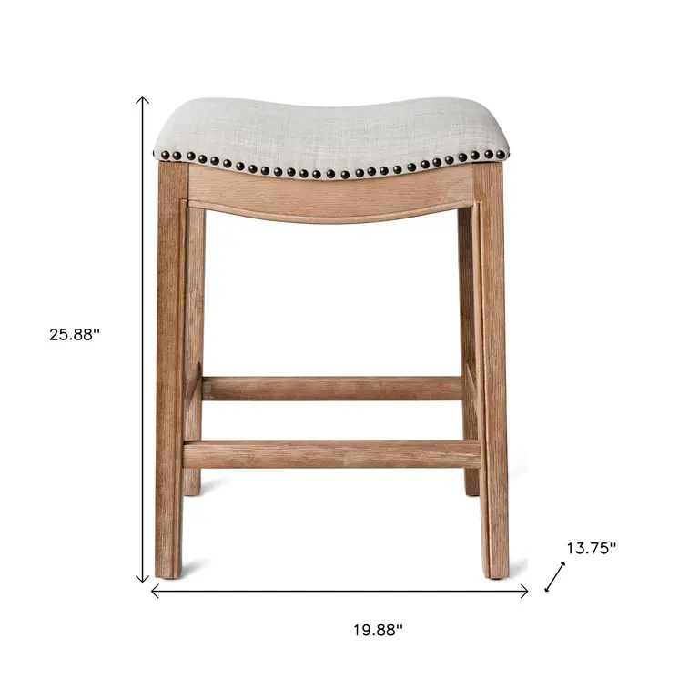 26" Beige and Natural Fabric and Solid Wood Backless Counter Height Bar Chair