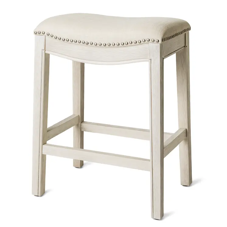 26" Bone and Antiqued White Fabric and Solid Wood Backless Counter Height Bar Chair