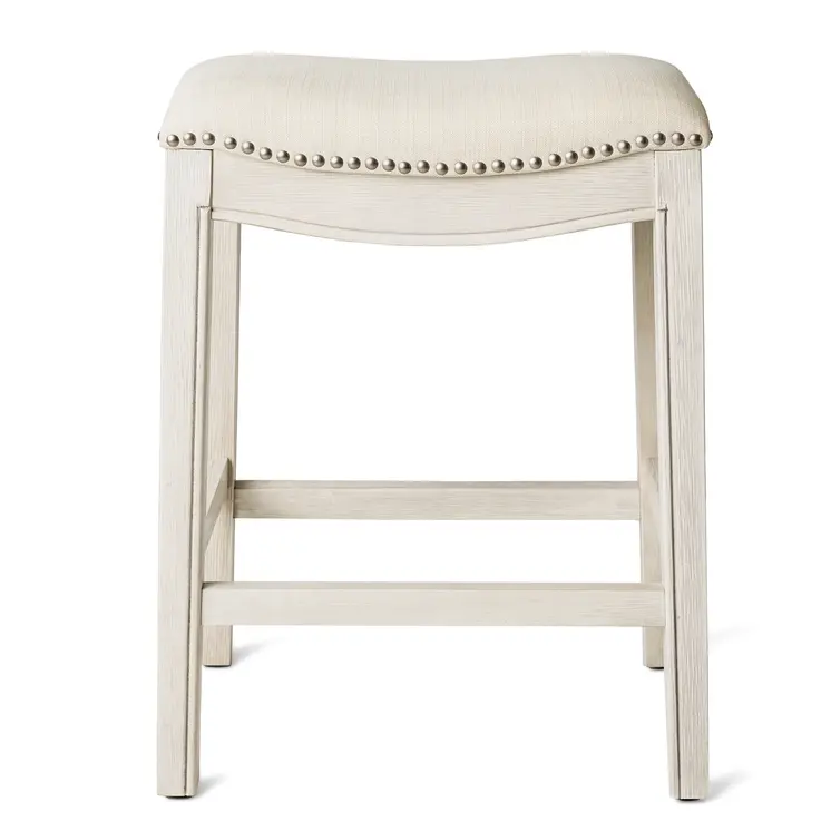 26" Bone and Antiqued White Fabric and Solid Wood Backless Counter Height Bar Chair