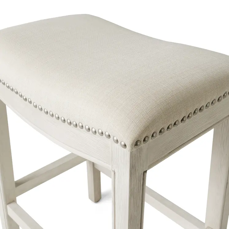 26" Bone and Antiqued White Fabric and Solid Wood Backless Counter Height Bar Chair