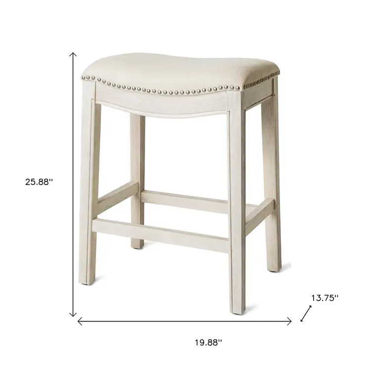 26" Bone and Antiqued White Fabric and Solid Wood Backless Counter Height Bar Chair
