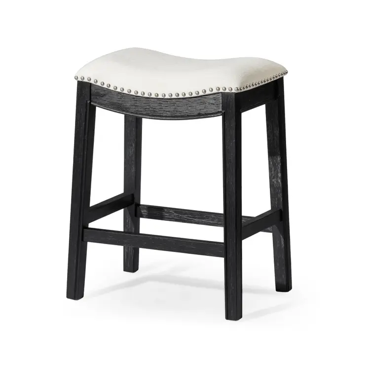 26" White and Black Fabric and Solid Wood Backless Counter Height Bar Chair