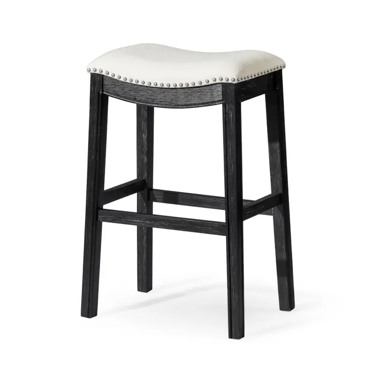 31" White and Black Fabric and Solid Wood Backless Bar Height Bar Chair