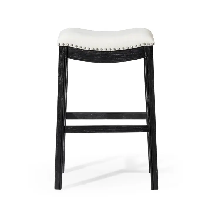 31" White and Black Fabric and Solid Wood Backless Bar Height Bar Chair