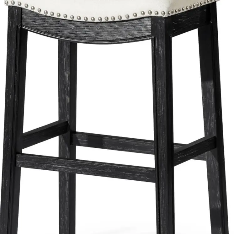 31" White and Black Fabric and Solid Wood Backless Bar Height Bar Chair