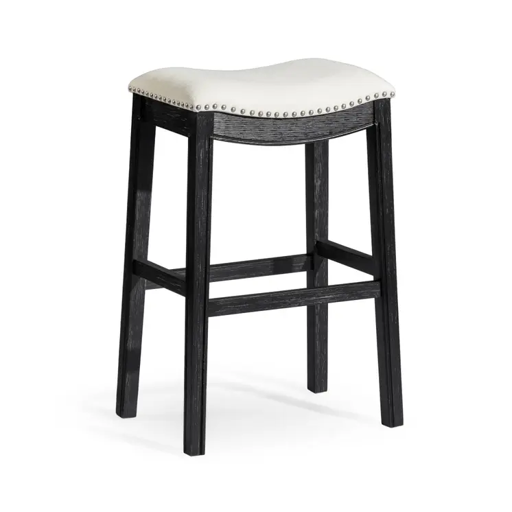 31" White and Black Fabric and Solid Wood Backless Bar Height Bar Chair