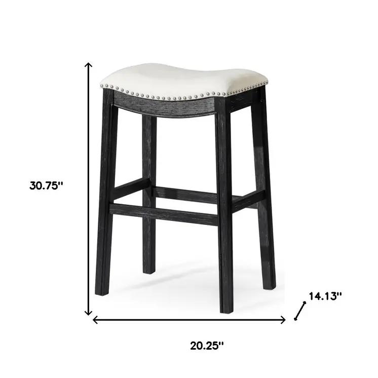 31" White and Black Fabric and Solid Wood Backless Bar Height Bar Chair