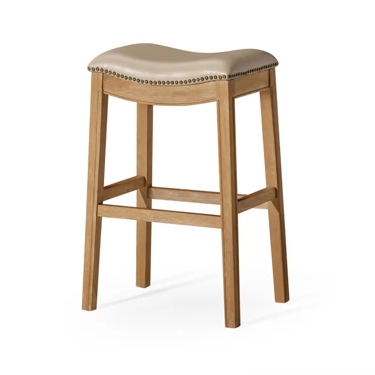 31" Beige and Natural Faux Leather and Solid Wood Backless Bar Height Bar Chair