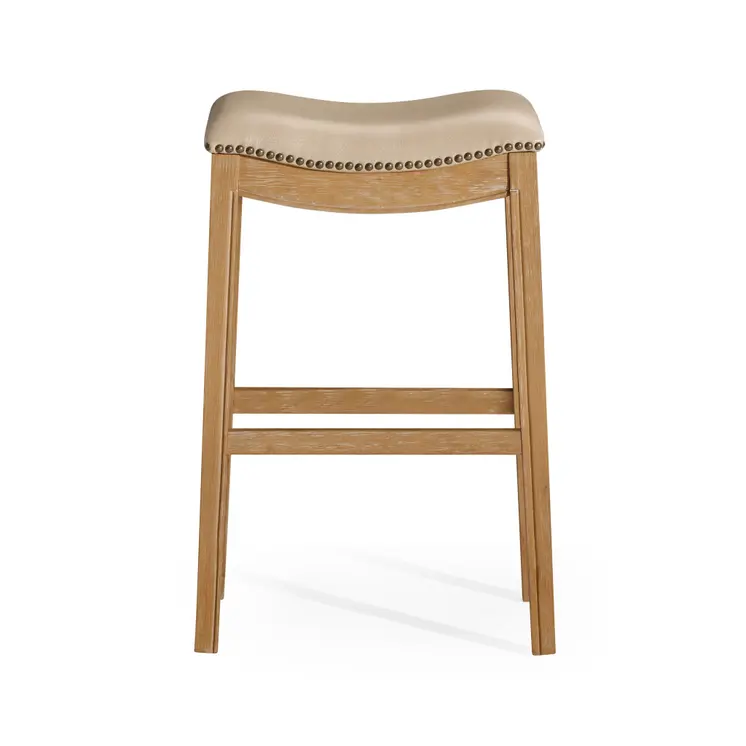31" Beige and Natural Faux Leather and Solid Wood Backless Bar Height Bar Chair