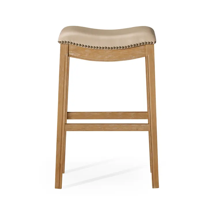 31" Beige and Natural Faux Leather and Solid Wood Backless Bar Height Bar Chair