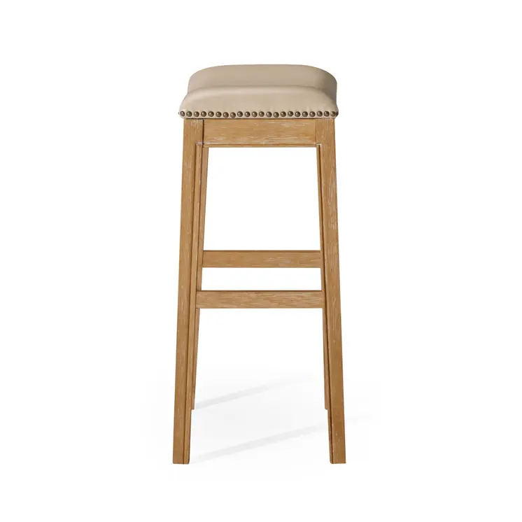 31" Beige and Natural Faux Leather and Solid Wood Backless Bar Height Bar Chair