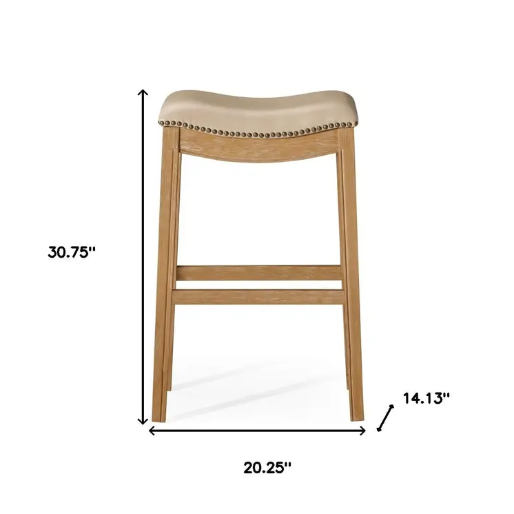 31" Beige and Natural Faux Leather and Solid Wood Backless Bar Height Bar Chair