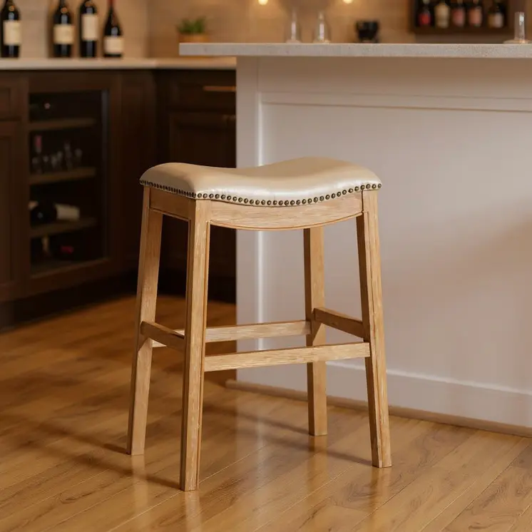 31" Beige and Natural Faux Leather and Solid Wood Backless Bar Height Bar Chair