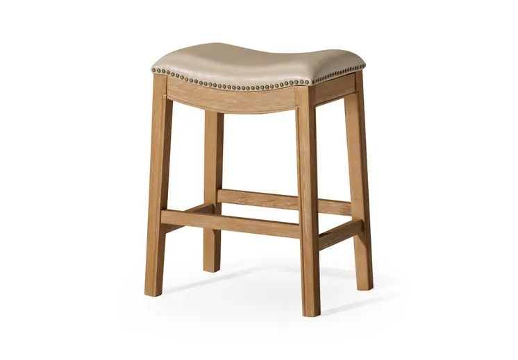 26" Beige and Natural Faux Leather and Solid Wood Backless Counter Height Bar Chair