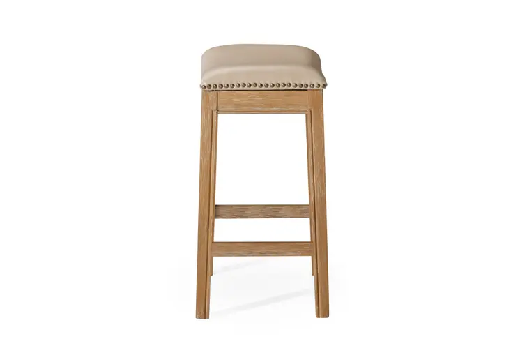 26" Beige and Natural Faux Leather and Solid Wood Backless Counter Height Bar Chair