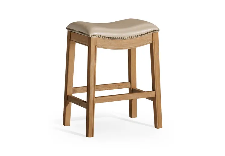 26" Beige and Natural Faux Leather and Solid Wood Backless Counter Height Bar Chair
