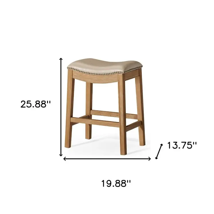 26" Beige and Natural Faux Leather and Solid Wood Backless Counter Height Bar Chair