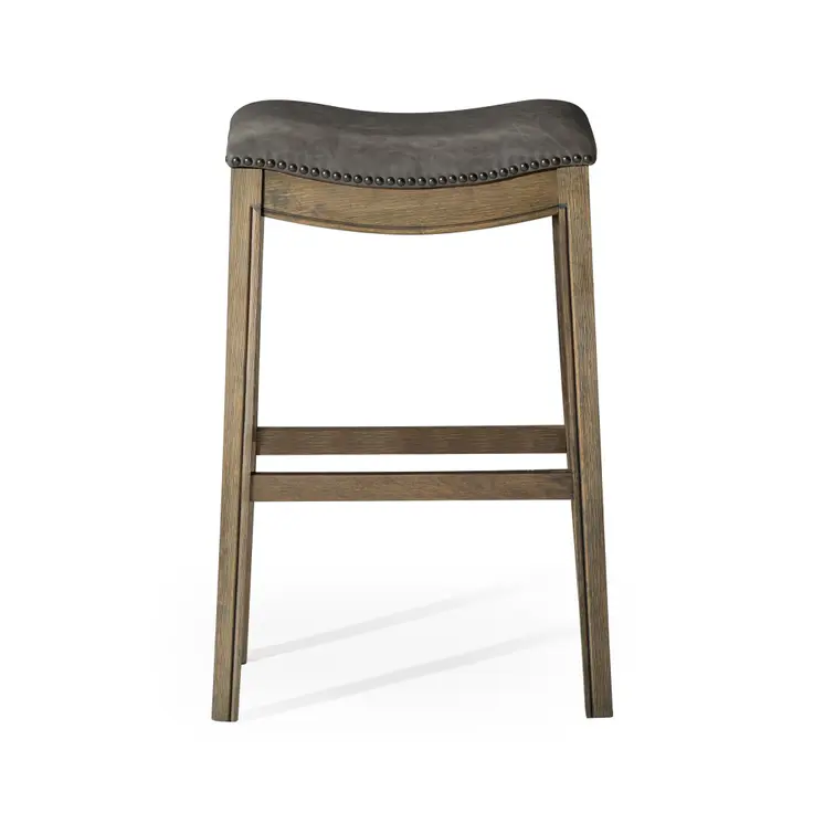 31" Stone and Oak Faux Leather and Solid Wood Backless Bar Height Bar Chair
