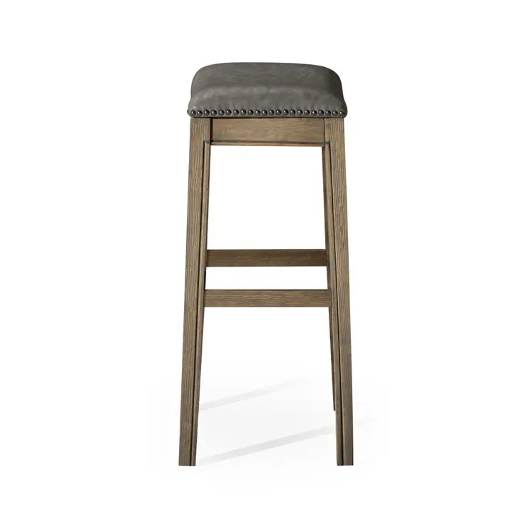 31" Stone and Oak Faux Leather and Solid Wood Backless Bar Height Bar Chair