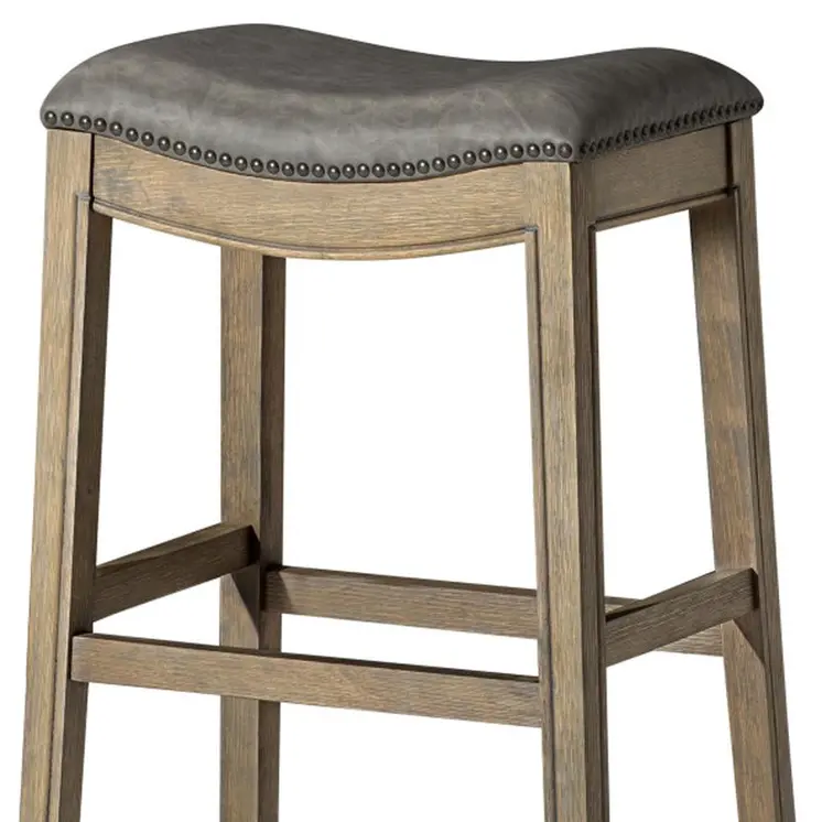 31" Stone and Oak Faux Leather and Solid Wood Backless Bar Height Bar Chair