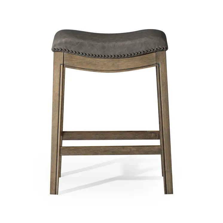 26" Stone and Oak Faux Leather and Solid Wood Backless Counter Height Bar Chair
