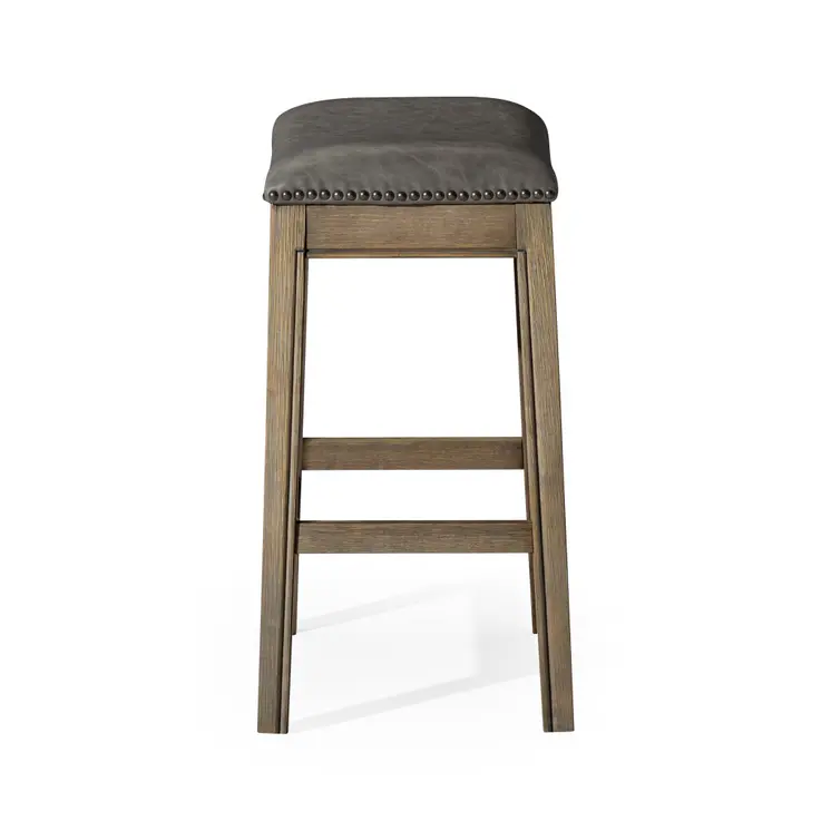 26" Stone and Oak Faux Leather and Solid Wood Backless Counter Height Bar Chair