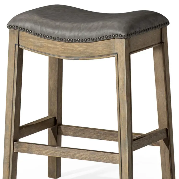 26" Stone and Oak Faux Leather and Solid Wood Backless Counter Height Bar Chair