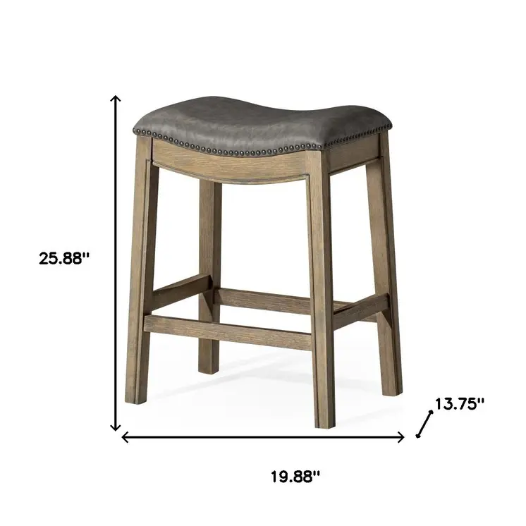 26" Stone and Oak Faux Leather and Solid Wood Backless Counter Height Bar Chair