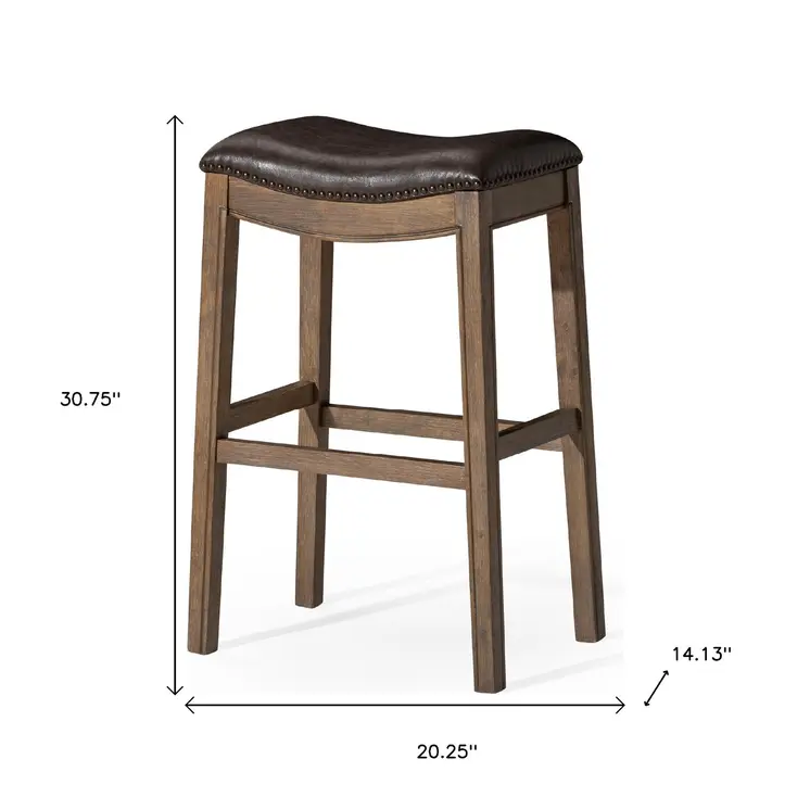 31" Brown Faux Leather and Solid Wood Backless Bar Height Bar Chair