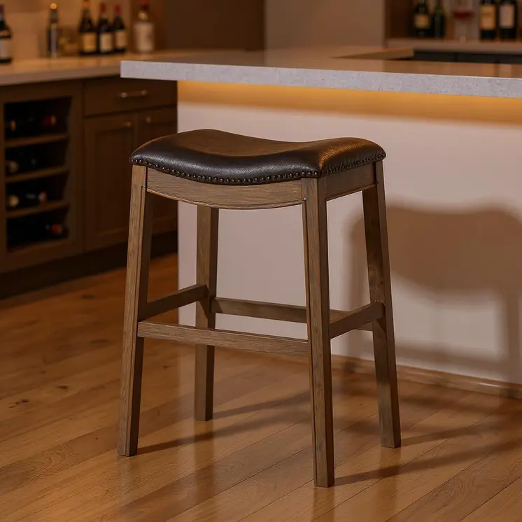 31" Brown Faux Leather and Solid Wood Backless Bar Height Bar Chair