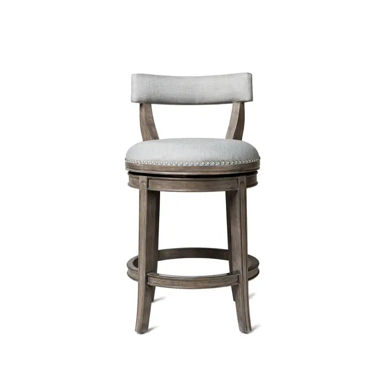 26" Gray and Oak Fabric and Solid Wood Low Back Counter Height Swivel Bar Chair