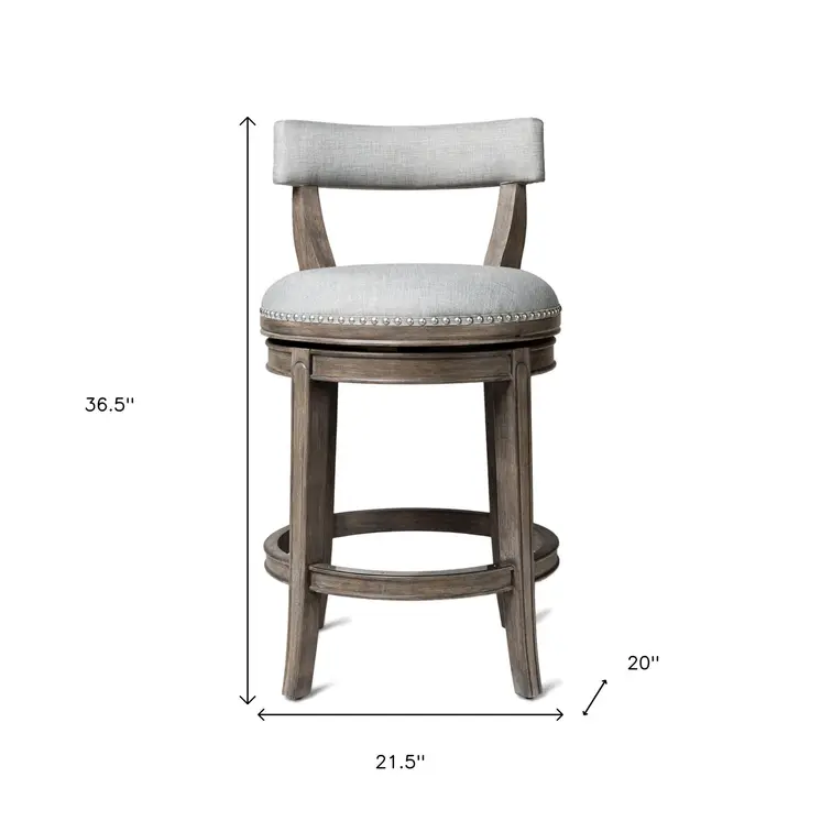 26" Gray and Oak Fabric and Solid Wood Low Back Counter Height Swivel Bar Chair