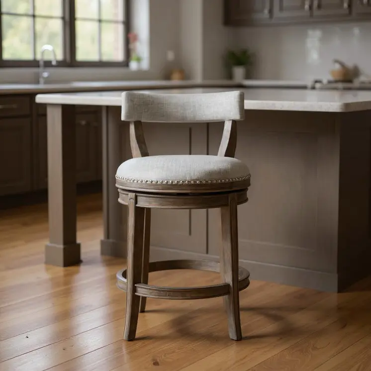 26" Gray and Oak Fabric and Solid Wood Low Back Counter Height Swivel Bar Chair