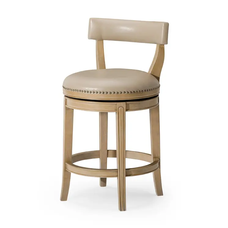 26" Beige and Natural Faux Leather and Solid Wood Low Back Counter Height Swivel Bar Chair