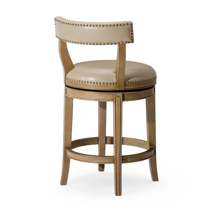 26" Beige and Natural Faux Leather and Solid Wood Low Back Counter Height Swivel Bar Chair
