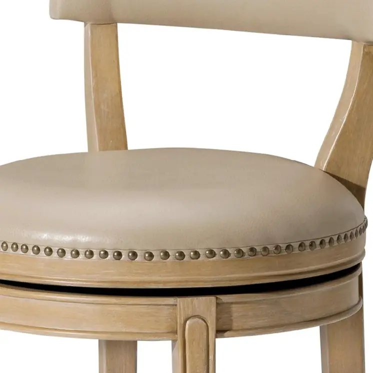 26" Beige and Natural Faux Leather and Solid Wood Low Back Counter Height Swivel Bar Chair