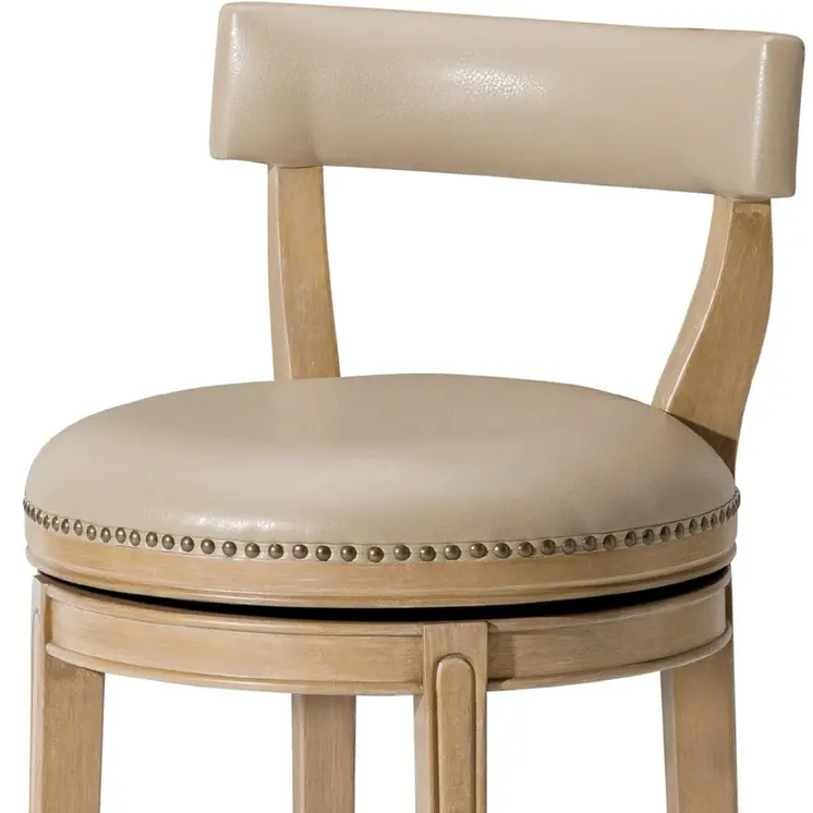 26" Beige and Natural Faux Leather and Solid Wood Low Back Counter Height Swivel Bar Chair