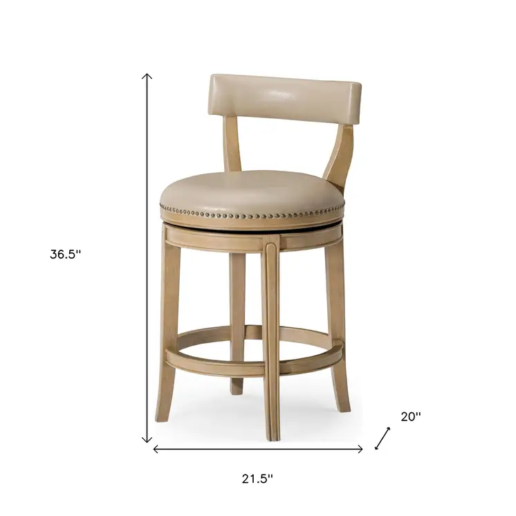 26" Beige and Natural Faux Leather and Solid Wood Low Back Counter Height Swivel Bar Chair