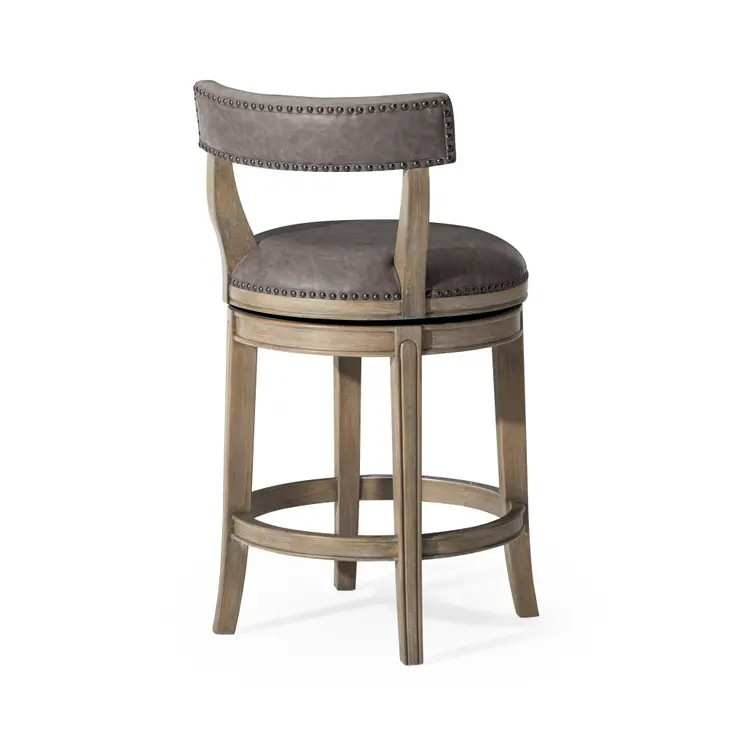 26" Gray and Cool Gray Faux Leather and Solid Wood Low Back Counter Height Swivel Bar Chair