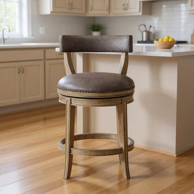 26" Gray and Cool Gray Faux Leather and Solid Wood Low Back Counter Height Swivel Bar Chair