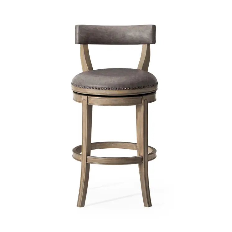 31" Gray and Cool Gray Faux Leather and Solid Wood Low Back Bar Height Swivel Bar Chair