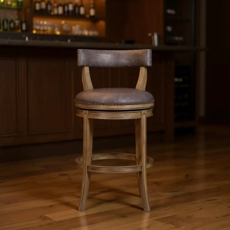 31" Gray and Cool Gray Faux Leather and Solid Wood Low Back Bar Height Swivel Bar Chair